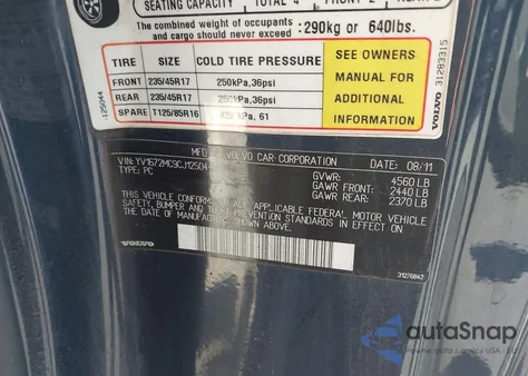 2012 Volvo C70 T5/T5 Platinum/T5 Premier Plus z USA, uszkodzony, nr VIN YV1672MC9CJ125044